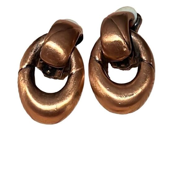 Vintage 1950s Copper Modernist Clip On Door Knocker Earrings - Picture 7 of 12